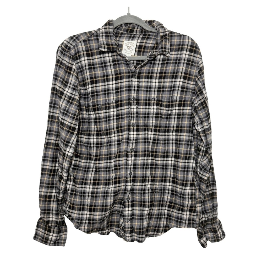 True Craft Black White Grey Plaid Flannel Button Down Shirt Long Sleeve Womens L